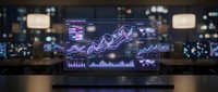Financial data analytics dashboard displaying stock market charts and graphs on computer monitor in modern trading office environment for business analysis.