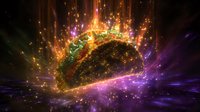 Glowing taco with cosmic energy rays and sparkles floating in dark space with vibrant orange and purple light streaks creating magical food art effect.