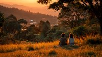 Two people sitting together watching golden sunset over rolling hills and forest landscape creating peaceful romantic moment for relaxation and connection.