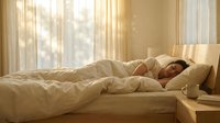 Young adult male with light skin tone sleeping peacefully in bed with beige linens and pillows, sunlight streaming through sheer curtains in a bright bedroom for wellness and rest concepts.