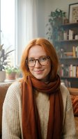 Young redhead woman with glasses wearing cozy sweater and scarf sitting in modern living room with books and plants. Autumn lifestyle portrait.