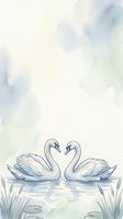 Pair of swans forming heart shape on water with watercolor wash background, isolated on white for wedding invitations, greeting cards, nursery decor, and romantic design projects.