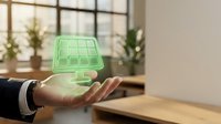 Young professional with medium skin tone holding glowing green solar panel hologram above palm, modern office workspace with potted plants and windows, renewable energy technology concept.