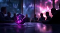Glowing purple crystal sphere reflects mysterious cosmic lights while silhouettes of people gather in background creating magical atmosphere.