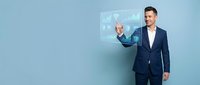 Professional businessman in navy suit presenting holographic interface technology on blue background for corporate presentations.