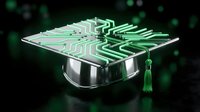 Digital graduation cap with green circuit board pattern and tassel representing technology education and computer science degree achievement.