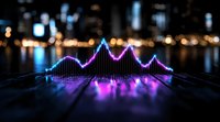 Glowing neon audio wave visualization with pink and blue light effects on dark background with bokeh city lights reflecting on water surface.