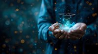 Glowing graduation cap hologram floating over cupped hands against dark background with bokeh lights, representing digital education and future learning concept.