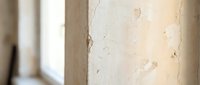 Weathered stone column with peeling paint and aged texture in classical architecture interior with soft natural lighting and blurred background columns.