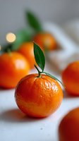 Fresh mandarin oranges with green leaves on white surface, soft focus background creates depth. Natural citrus fruit composition for healthy eating concept.