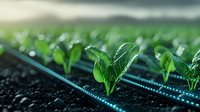 Young green lettuce seedlings growing in rows with modern drip irrigation system in greenhouse, fresh organic produce farming on dark fertile soil.
