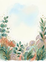 Watercolor botanical frame with hand-drawn flowers, eucalyptus leaves, and gold accents on soft blue and cream background. Perfect for invitations, greeting cards, and stationery design projects.