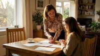 Mother helping daughter with homework at wooden dining table in cozy home interior with natural window light creating warm family learning moment.
