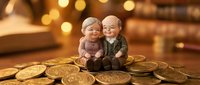 Elderly couple figurines sitting on golden coins with warm bokeh lights background representing retirement savings and financial security planning.