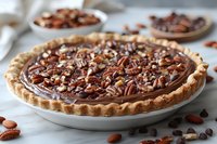 Homemade chocolate pecan pie topped with chopped nuts and chocolate chips on white ceramic plate, close-up view showing flaky crust and rich filling.