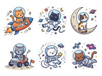 Cartoon cats and kittens wearing astronaut suits and spacesuits floating in space with rockets, planets, stars and moons. Isolated clipart set ready for children's designs.
