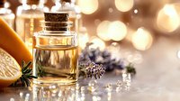 Essential oil bottle with fresh lavender flowers and citrus fruit on blurred golden bokeh background, aromatherapy and natural wellness concept.