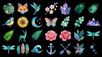 Watercolor nature elements collection featuring tropical leaves, wildlife, flowers, and celestial symbols isolated on transparent background. Ready for t-shirt design, clipart, stickers, sublimation, and print-on-demand projects.