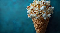 Popcorn overflowing from waffle cone on blue background. Creative snack concept for movie night, entertainment and fun food presentation.