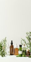 Essential oil bottles and fresh herbs arranged on white background with copy space for wellness and aromatherapy products.