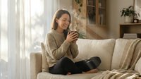 Young Asian woman in cozy sweater sitting cross-legged on sofa holding warm drink, enjoying peaceful morning moment in bright modern living room.