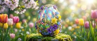 Colorful decorated egg sitting on moss surrounded by blooming tulips and flowering branches in spring garden setting with soft bokeh background.
