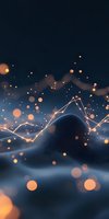 Abstract digital landscape with glowing orange bokeh lights and geometric wire mesh waves against dark background, creating futuristic technological atmosphere.