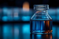 Glass bottle with liquid in dramatic blue lighting against dark background, reflective surface creates moody atmosphere for beverage or pharmaceutical content.