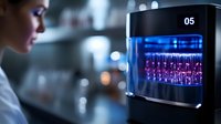 Female scientist observing glowing purple liquid samples in modern laboratory equipment with digital display, research environment with bokeh background lighting.