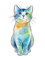 Watercolor cat illustration with rainbow gradient colors isolated on white background for creative design projects and pet-themed artwork.