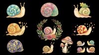 Cute snail clipart set with floral and patterned shells, isolated on transparent background, ready for stickers, t-shirt design, print on demand, and sublimation crafts.