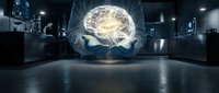 Glowing human brain hologram floating in modern laboratory with digital interface technology for medical research and neuroscience innovation concepts.