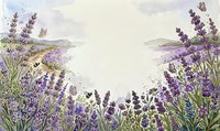 Watercolor lavender field frame with purple flowers and butterflies on textured paper background for botanical design projects and natural decor.