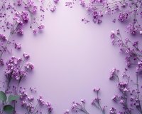 Delicate purple baby's breath flowers create frame border on soft lavender background, copy space in center for text overlay, romantic floral composition.