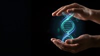 Hands holding glowing DNA helix symbol against dark background, representing genetic research, biotechnology, and scientific innovation for medical and healthcare applications.