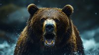 Fierce grizzly bear with open mouth showing teeth against dark moody background with falling snow, dramatic wildlife portrait capturing raw power and intensity.