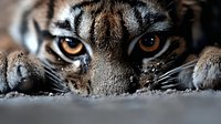 Close up view of intense tiger eyes peering through blurred foreground, showing fierce amber gaze and detailed facial markings in dramatic wildlife photography.