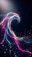 Glowing neon wave with flowing particles and light trails in magenta, cyan, and gold tones against dark background. Suitable for tech, digital, and creative design projects.
