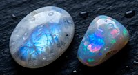 Two stunning rainbow moonstone gems displaying vibrant blue and multicolor flashes on dark textured slate surface for jewelry making and gemstone collection.