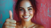 Young woman with brown hair giving thumbs up gesture against colorful turquoise and coral painted wall background, expressing positive emotions and success.