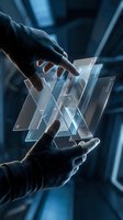 Hands in black gloves manipulating transparent digital interface layers with glowing data displays in futuristic tech environment for innovation and technology concepts.
