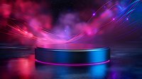 Futuristic neon product display platform with glowing pink and blue lights, abstract curved lines and bokeh effects perfect for modern tech advertising and digital showcase designs.