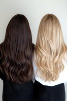 Back view of two long hairstyles: dark brunette and light blonde with soft waves showing contrast in hair color and styling techniques for salon marketing.