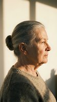 Senior woman with gray hair in bun, wearing knit sweater, profile portrait with natural window lighting. Suitable for healthcare, wellness, aging, lifestyle and editorial content.