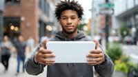 Young man with dark curly hair and medium brown skin tone holding blank white sign on urban street. Suitable for advertising, marketing campaigns, and promotional messaging.