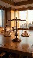 Wooden scales of justice with legal symbols on conference table in modern law office with city skyline view representing legal balance and jurisprudence.