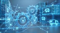 Digital transformation concept with glowing gears and network connections representing industrial automation and smart technology solutions.