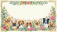 Adorable puppies and dogs border frame with watercolor floral elements, roses and leaves on cream background for greeting cards and invitations.