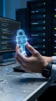 Hand holding glowing holographic padlock and key in a server room, symbolizing cybersecurity, data protection, and digital access control.