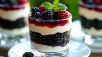 Layered berry dessert with fresh blackberries and raspberries in glass, creamy pudding parfait with mint garnish for gourmet dining and restaurant menu.